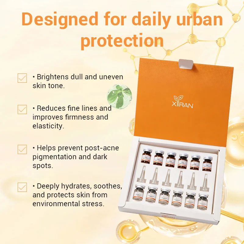 XIRAN skincare kit in an orange box with benefits outlined for daily urban protection, targeting hydration, fine lines, and pigmentation.
